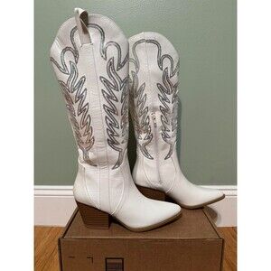 Women Western Cowboy Boots Chunky Heels Pull On Side Zipper Knee High Size 6
